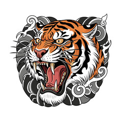 A fierce tiger with its mouth open, showcasing sharp teeth and a powerful roar, surrounded by swirling dark clouds.