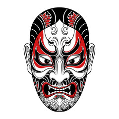 Stylized Japanese Kabuki mask with intricate red, black, and white patterns and an aggressive expression.