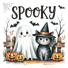 Whimsical Halloween Scene with Cat, Ghost, and Pumpkins