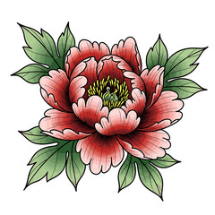 A vibrant illustration of a blooming red peony flower with green leaves, showcasing intricate petal details and a yellow center.