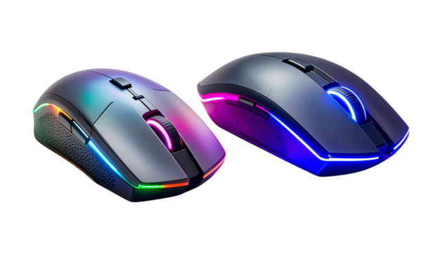 Gaming Peripheral Bundle Featuring RGB Wired Mice with Neon Lighting, isolated on transparent background