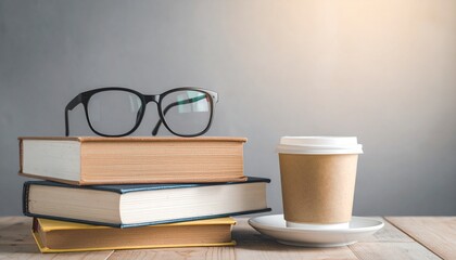 Peaceful morning scene with stacked books, reading glasses, and a coffee cup. Perfect for education, creativity, mindfulness, and relaxation themes.