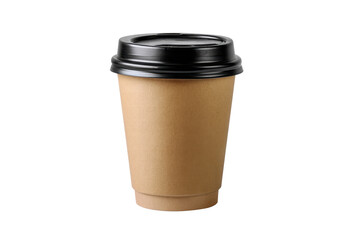 A coffee cup with a lid on top. The lid is black and the cup is brown