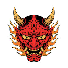 Vibrant red Japanese Hannya mask with golden horns and fiery details, depicting a traditional demon or oni.