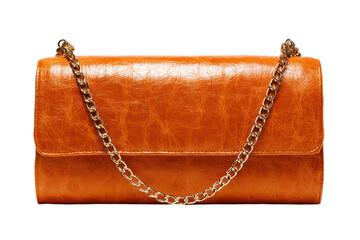 A tan leather purse with a gold chain. The purse is large and has a gold chain hanging from it