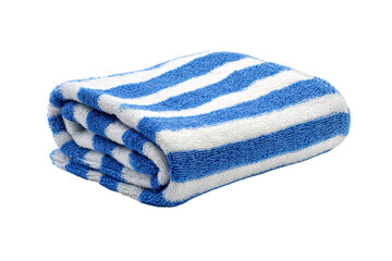 A blue and white striped towel is laying on a white background. The towel is folded in half and is laying on a table