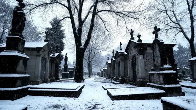 Slow-motion shot of snow Falling in P&egrave;re Lachaise Cemetery