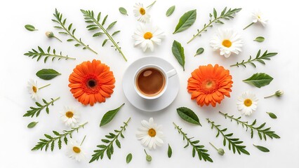A beautiful cup of floral chamomile tea with a spring bouquet of white daisy flowers