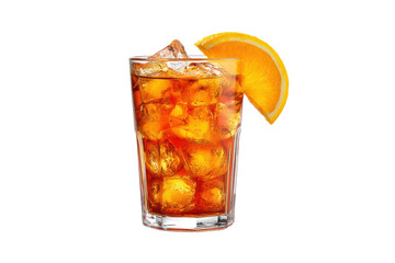 A glass of tea with an orange slice on top. The glass is half full and the orange slice is on the right side of the glass