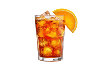 A glass of tea with an orange slice on top. The glass is half full and the orange slice is on the right side of the glass
