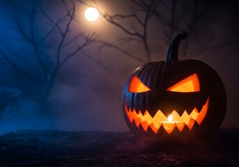 A spooky carved jackolantern with glowing orange eyes and teeth, illuminated by a candle inside, set against a dark, misty forest background with a full moon