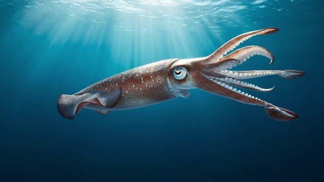 A giant squid swimming in the deep blue ocean with beautiful sun rays filtering from the surface. A realistic animation for documentaries, marine biology, or nature projects