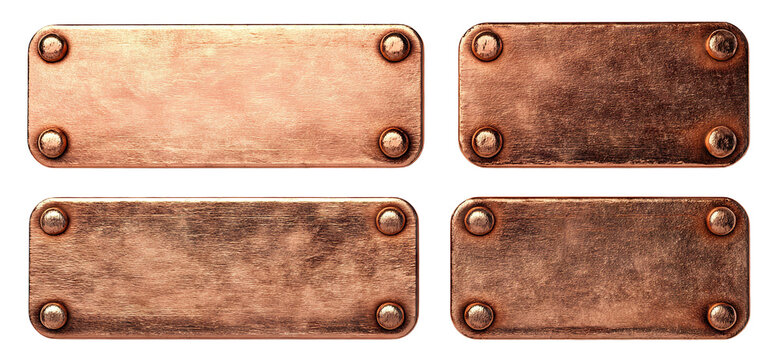 Set of copper nameplates with bolts in corners, isolated on transparent cutout background