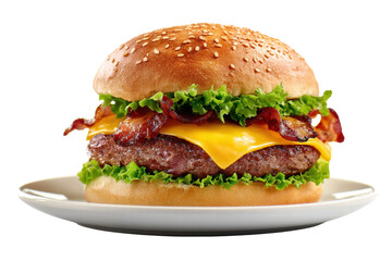 A hamburger with bacon and cheese on a white plate. The burger is topped with lettuce and has a bun