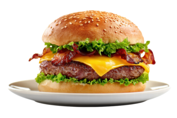 A hamburger with bacon and cheese on a white plate. The burger is topped with lettuce and has a bun
