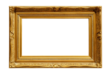 A gold framed picture with a white background. The frame is ornate and the picture is empty