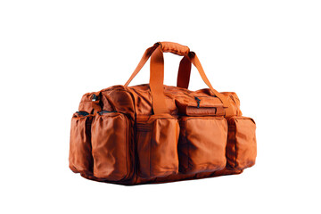 A large orange bag with a black strap sits on a white background. The bag has a lot of pockets and seems to be designed for carrying many items