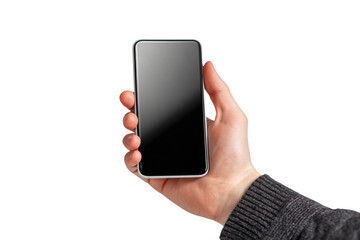 A hand holding a cell phone with a black screen. The phone is in a white background. Concept of emptiness and loneliness, as the phone is not being used and the person is not interacting with anyone
