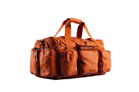 A large orange bag with a black strap sits on a white background. The bag has a lot of pockets and seems to be designed for carrying many items