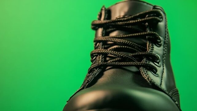 Detailed Close Up of a Black Leather Boot on Green Screen.