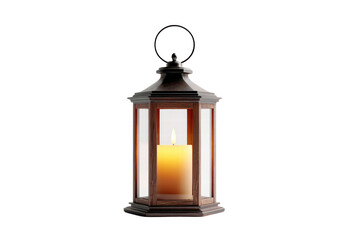 A candle is lit in a lantern. The lantern is made of wood and has a glass window. The candle is the only light source in the scene