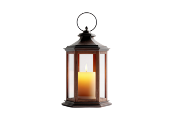 A candle is lit in a lantern. The lantern is made of wood and has a glass window. The candle is the only light source in the scene
