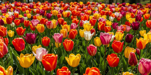 Vibrant Field of Multi-Colored Tulips in Full Bloom Under Bright Sunlight