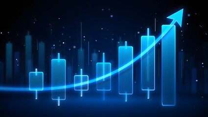 Fototapeta premium Futuristic blue candlestick chart illustrates upward financial market growth