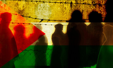 Refugee in Ukraine and Gaza and in the world showed as shadows on a wall with barbed wire