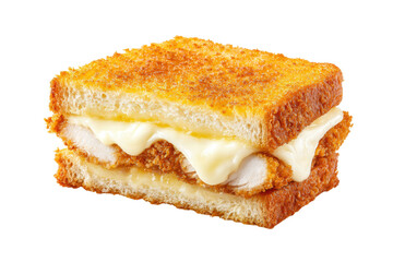 A sandwich with chicken and cheese on a white background. The sandwich is cut in half and has a crispy crust