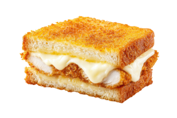 A sandwich with chicken and cheese on a white background. The sandwich is cut in half and has a crispy crust