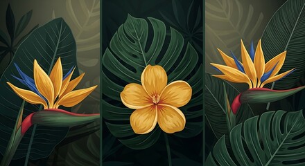 Dark tropical jungle scene with a glowing neon frame surrounding a floral skull, symbolizing the beautiful contrast between life and death