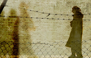 Refugee in Ukraine and Gaza and in the world showed as shadows on a wall with barbed wire