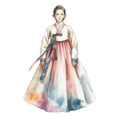 Ethereal Watercolor Illustration of Traditional Korean Hanbok Dress