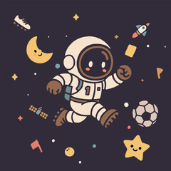 A cute astronaut kicks a football while floating among stars, planets, and space objects.