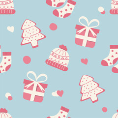 Gift box, Christmas tree, sock, and wool hat on a blue background. Seamless pattern for clothing, fabric, wallpaper, backdrop, home decoration, cover book, and wall art.