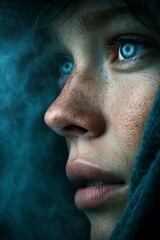 Close up of a woman with blue eyes and freckles looking