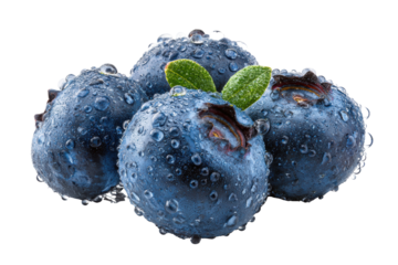 A close up of four blueberries with a leaf on top. The blueberries are wet and shiny