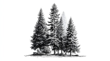 Hand-drawn sketch of pine trees in black and white, detailed linework with realistic shading, isolated on white background.