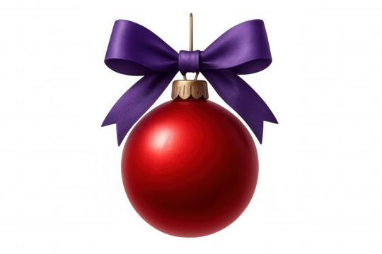 Red christmas bauble ornament with purple ribbon bow, celebrating holiday season and festive winter traditions