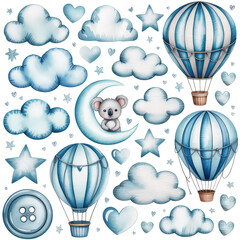 Dreamy Watercolor Hot Air Balloons and Clouds Illustration