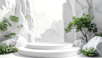 Serene white stone podium nestled in a minimalist landscape with lush greenery and a mountainous backdrop