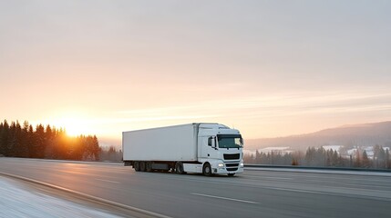 White Cargo Truck on Highway at Sunset with Orange Sky Cinematic Transport Landscape Trees and Rolling Hills on Winter Day in Motion