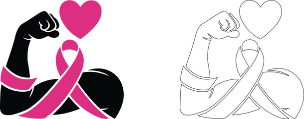 Breast Cancer Awareness Month icon set. Sign for awareness month with pink ribbon symbol. This icon increase awareness of the disease and to raise funds for research into its cause, diagnosis. 