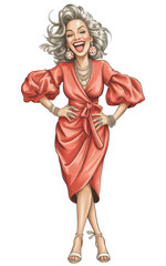 Confident Woman in Vibrant Coral-Red Dress Illustration