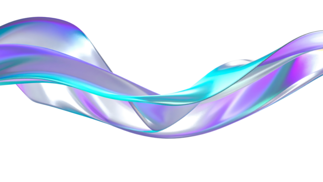 Abstract flowing iridescent ribbon-like form against a clean white background, displaying graceful curves.