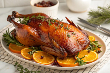 Festive Glazed Roast Bird with Citrus and Herb Garnish