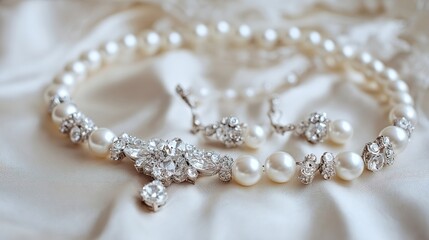 Elegant pearl and diamond necklace set displayed on soft fabric.