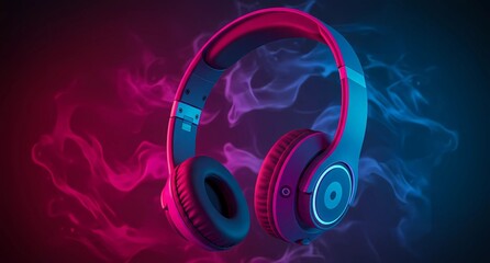 ヘッドフォンと紫とピンクの煙