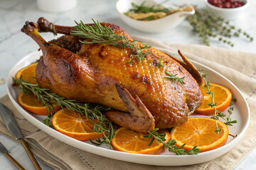 Glistening Roasted Duck with Orange and Rosemary Garnish